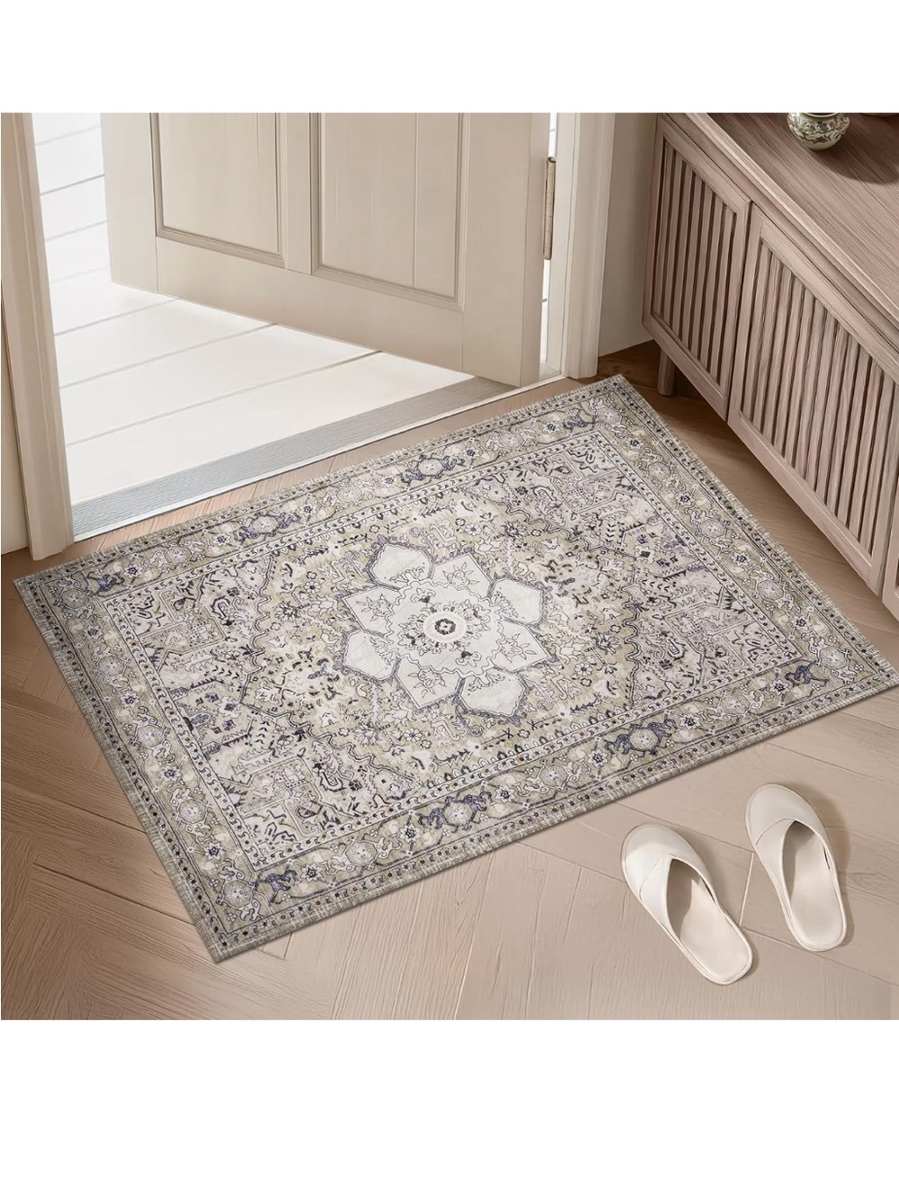 Vintage Farmhouse Boho Throw Rug 2x3 ft - Taupe/Vanilla